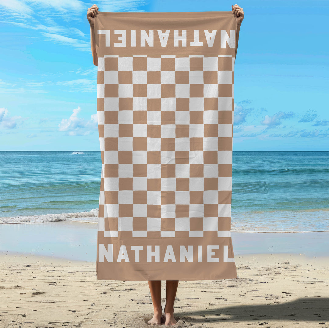 brown check quick dry towel personalised